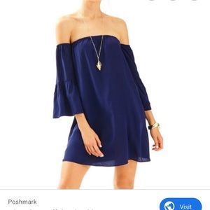 Lilly Pulitzer off the shoulder dress in navy.